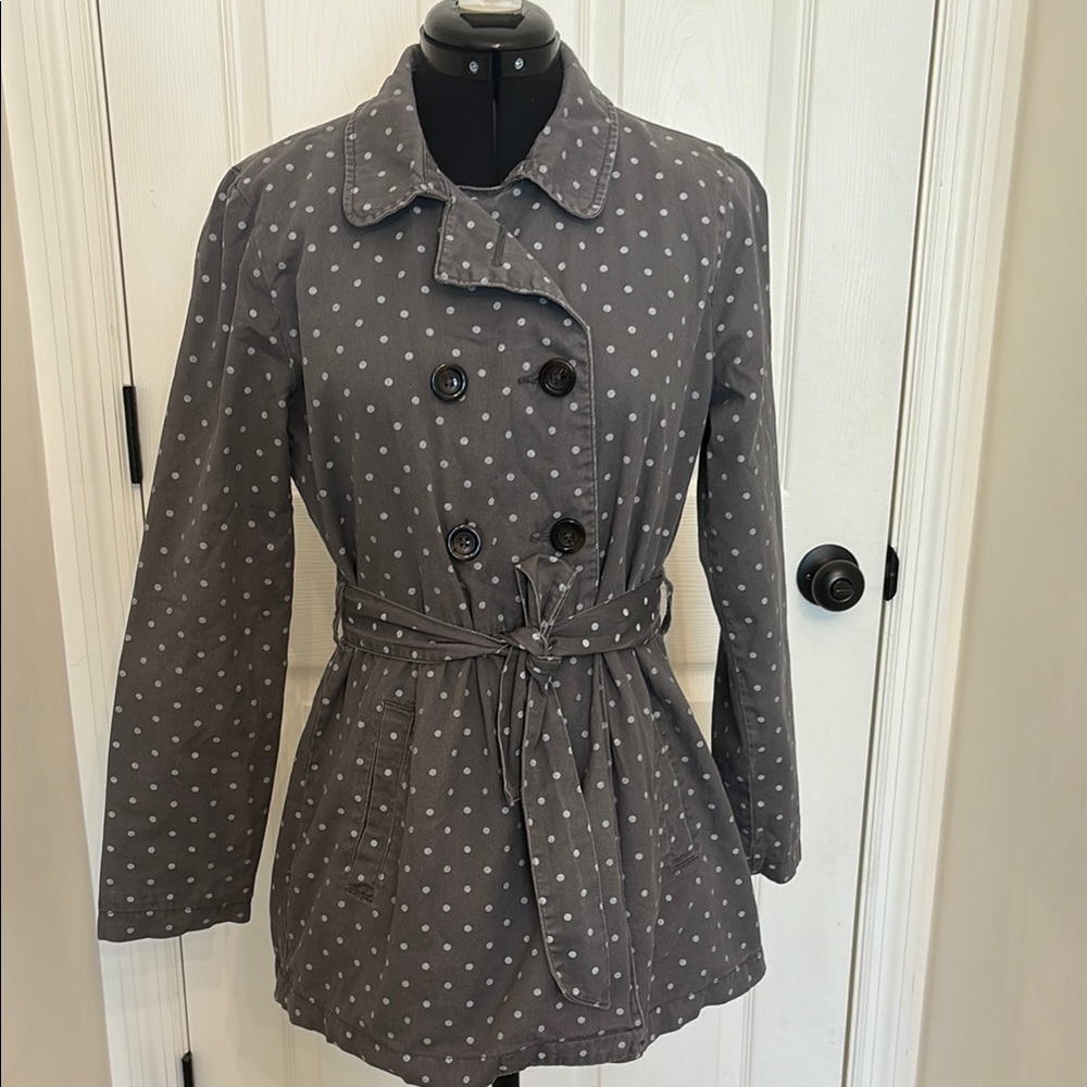 Gray Polka Dot Trench Coat with Belted Style